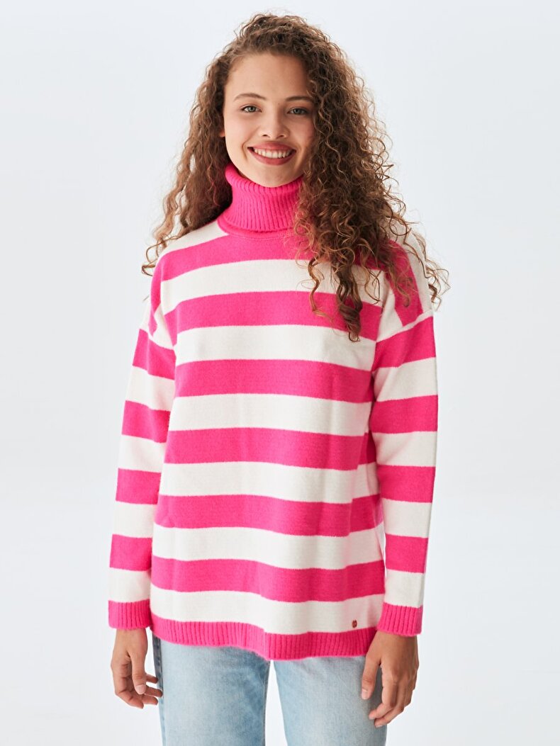 Straight Collar Striped Print Knitwear Roze Trui̇