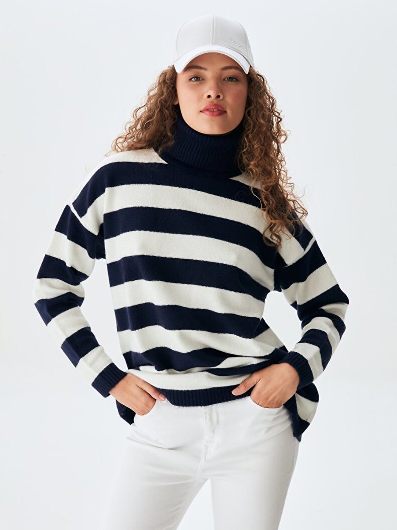 Straight Collar Striped Print Knitwear Dunkelblau Pullover