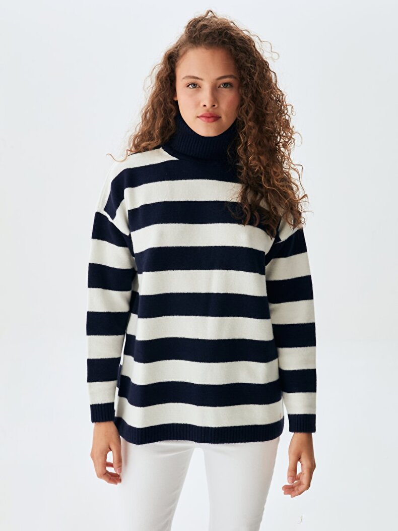 Straight Collar Striped Print Knitwear Dark Blue Pullover