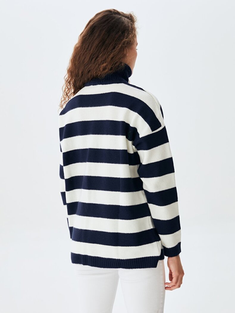 Straight Collar Striped Print Knitwear Donkerblauw Trui̇