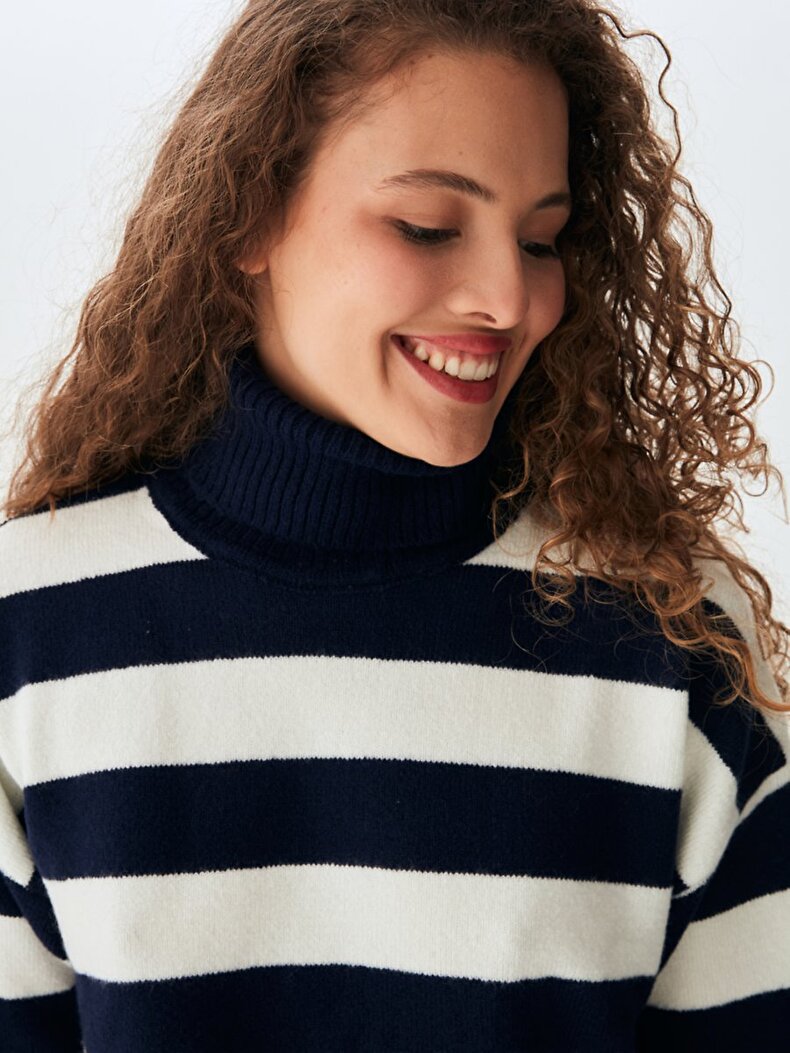 Straight Collar Striped Print Knitwear Donkerblauw Trui̇