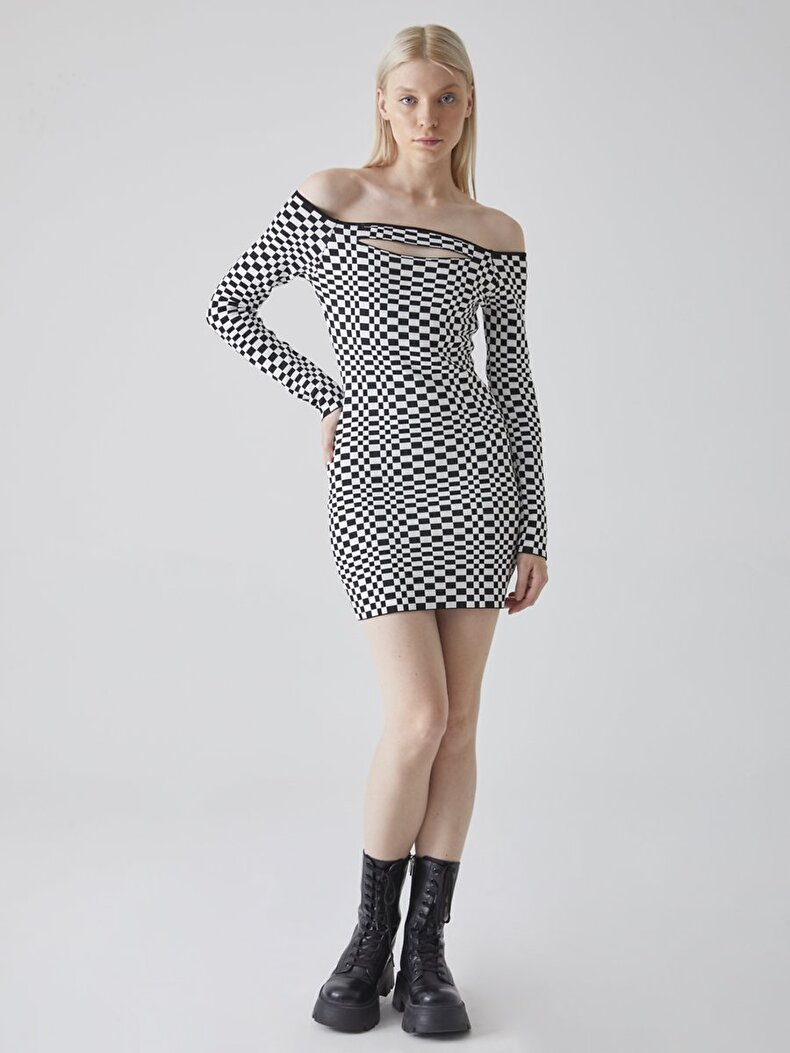 Check Open Front Detailed Knitwear Multicolor Dress