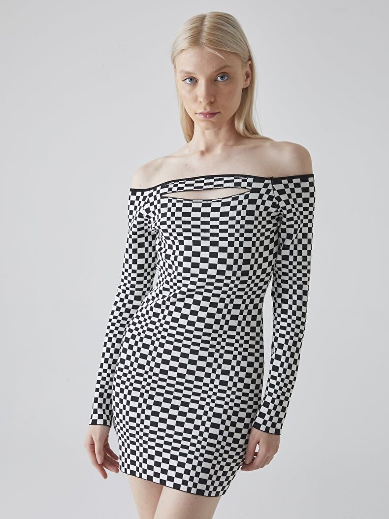 Karelı Pencere Detaylı Triko Mıx Elbise