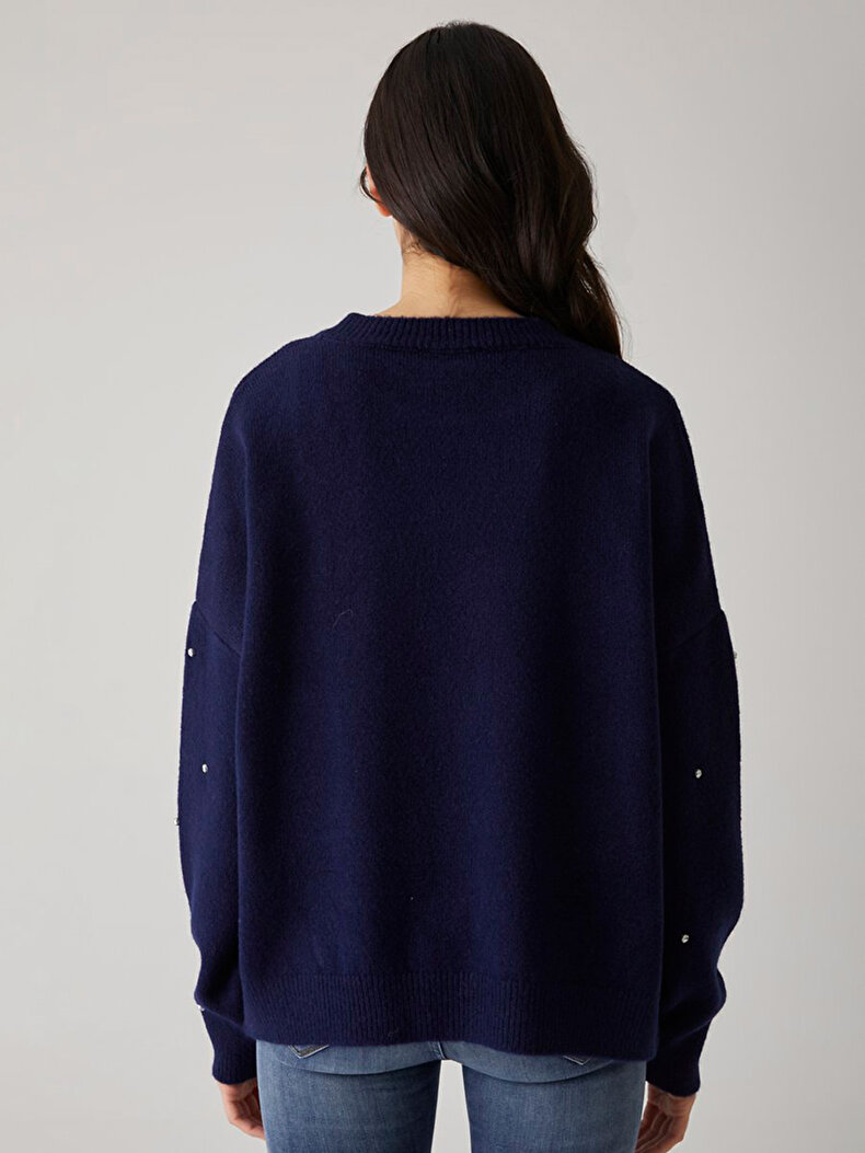 With Beads Shiny Stone Dark Blue Pullover