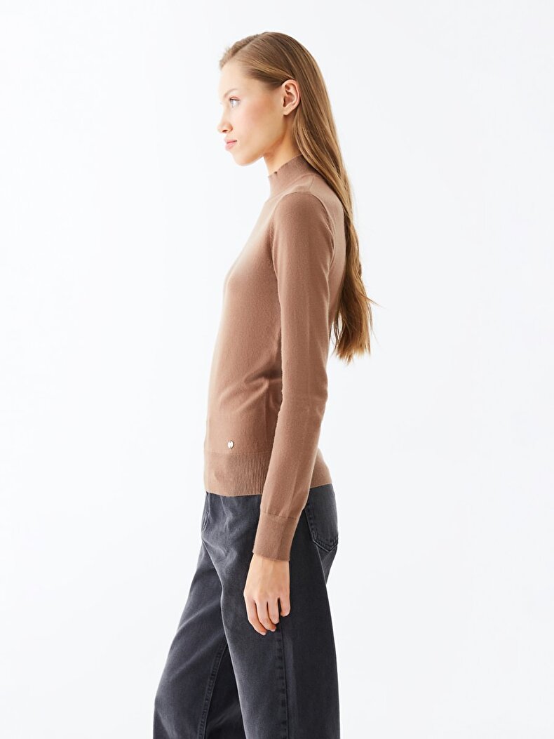 Straight Collar Knitted Brown Pullover