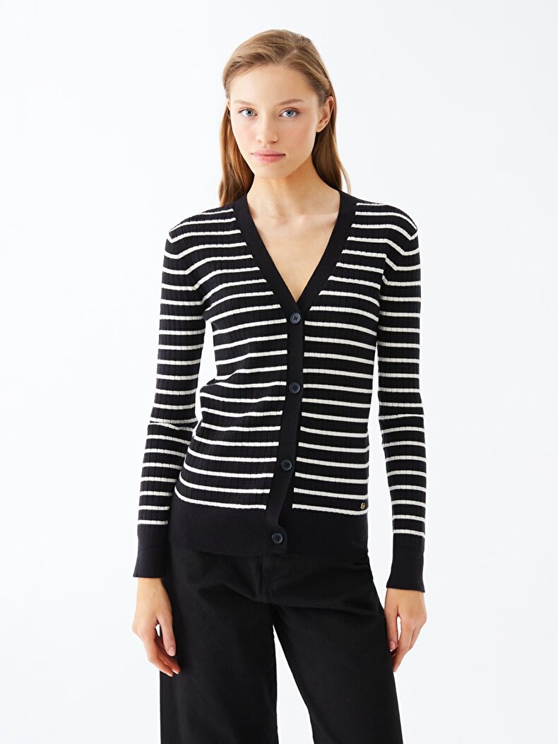 Striped Print Knitwear Black Cardigan