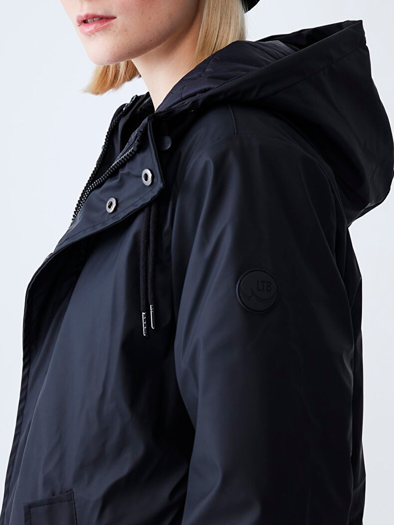 With Hood With Pockets Black Coat