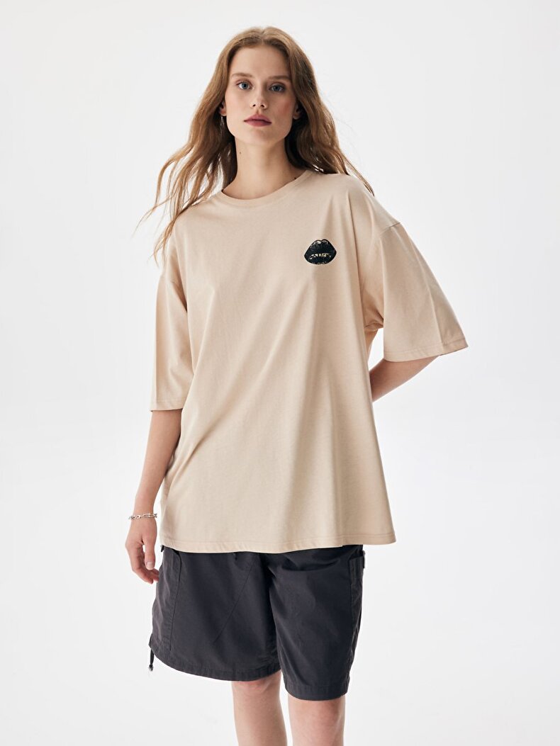 Oversized With Print Beige T-shirt