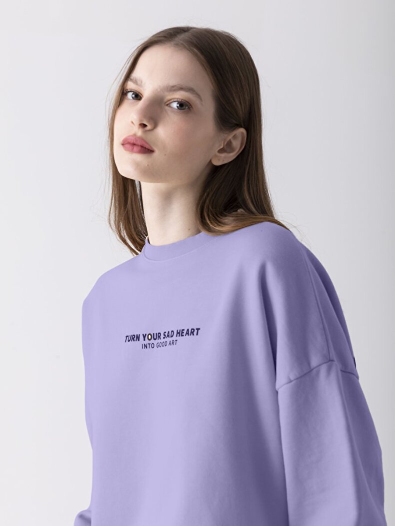 Contrast Print Crew Neck Lilac Sweatshirt
