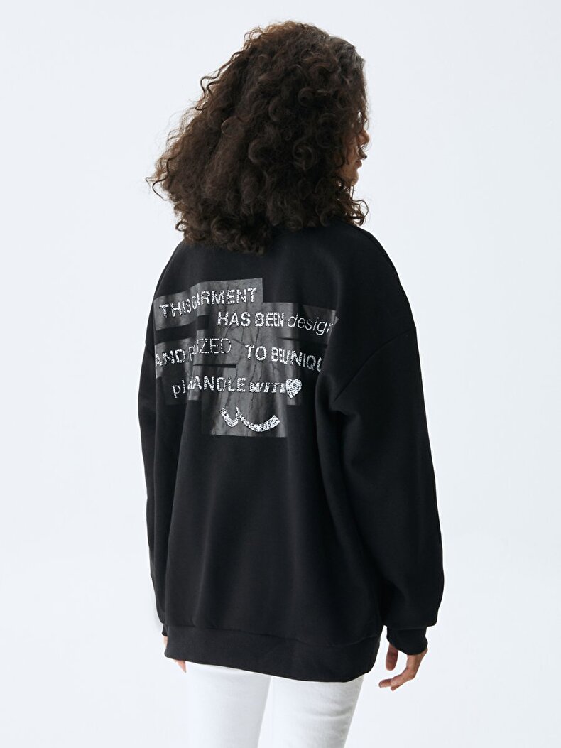 Print With Print Straight Collar Black Sweatshirt