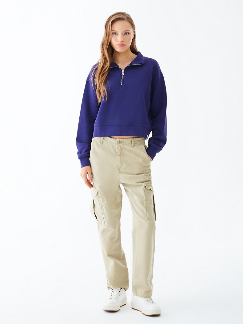 Turtle Neck Zipper Closing Short Dunkelblau Sweatshirt Turtle Neck Zipper Closing Short Dunkelblau Sweatshirt