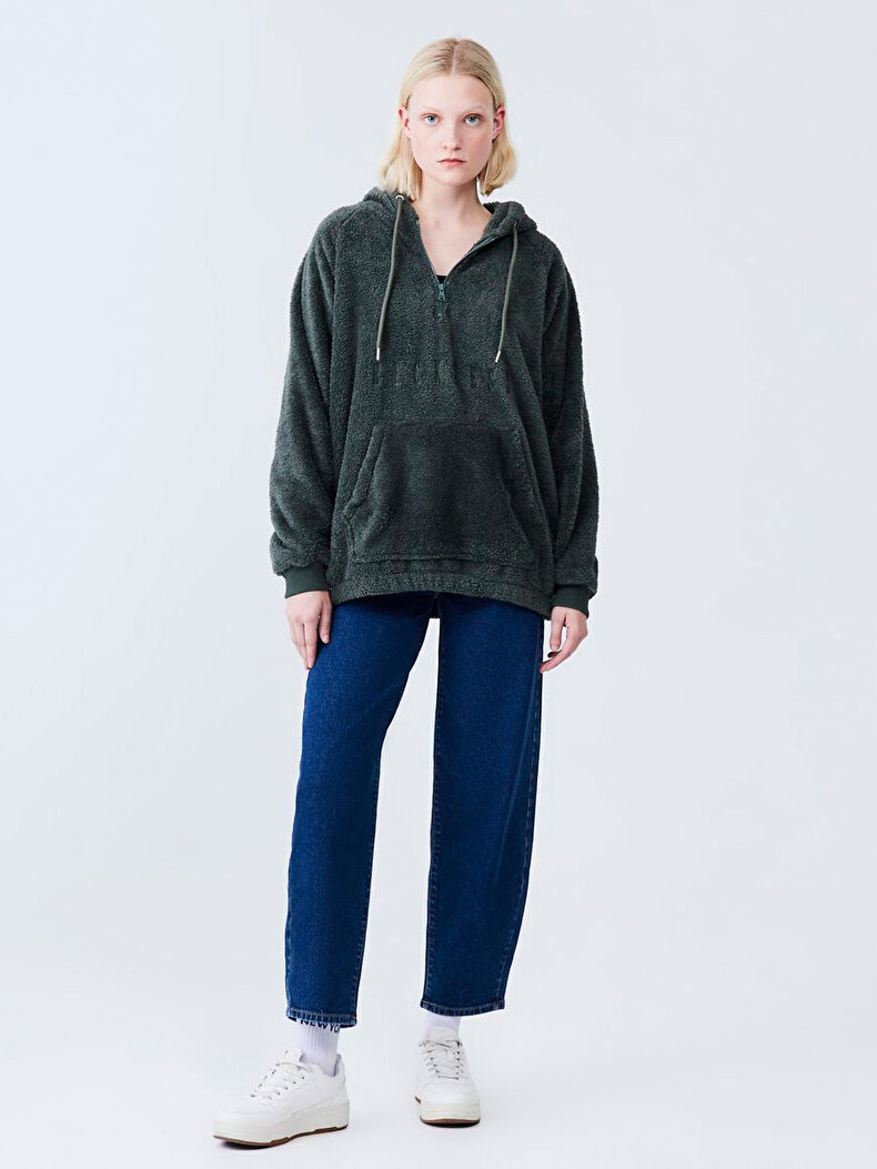 With Hood Print Embroidered Grün Sweatshirt With Hood Print Embroidered Grün Sweatshirt