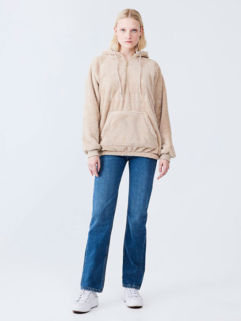 With Hood Print Embroidered Beige Sweatshirt