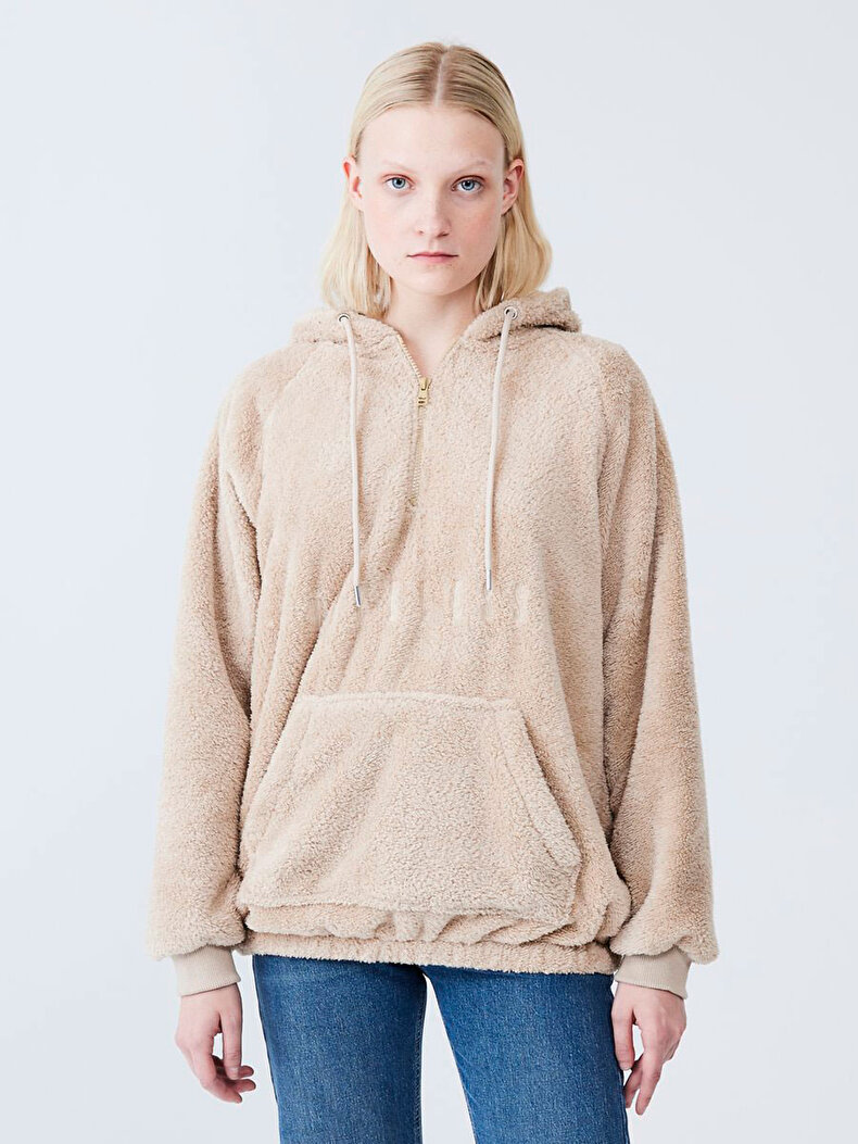 With Hood Print Embroidered Beige Sweatshirt