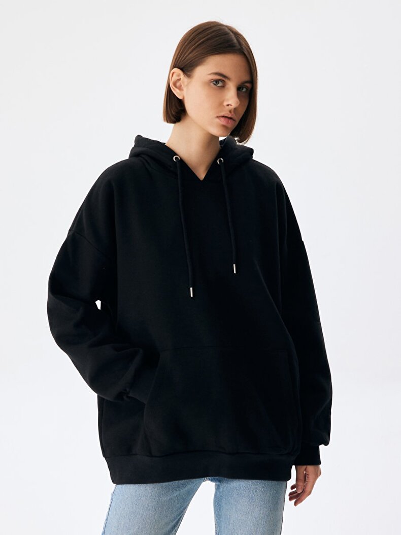 Oversized Print With Hood Black Sweatshirt