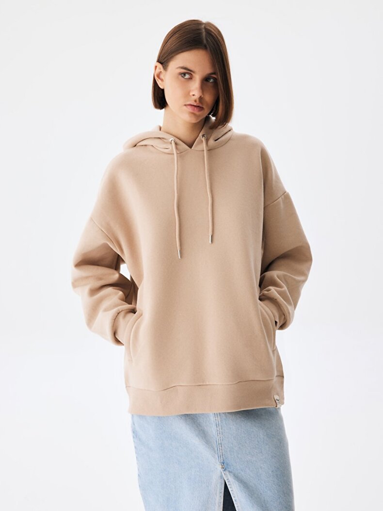 With Hood Pouch Pocket With Pockets Beige Sweatshirt