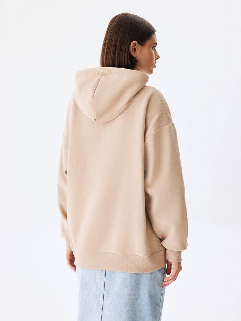 With Hood Pouch Pocket With Pockets Beige Sweatshirt