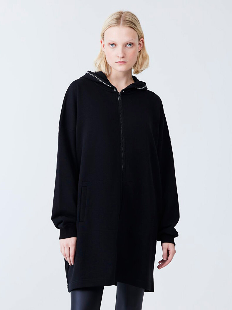 Zipper Closing With Hood Long Black Sweatshirt