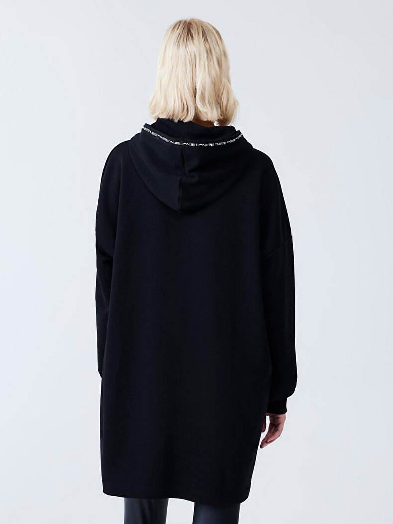 Zipper Closing With Hood Long Black Sweatshirt