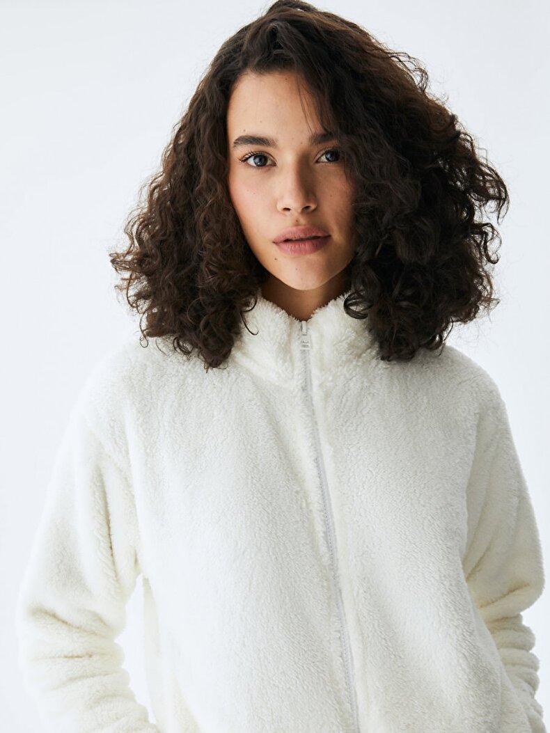 Peluş Fermuarlı Krem Hırka