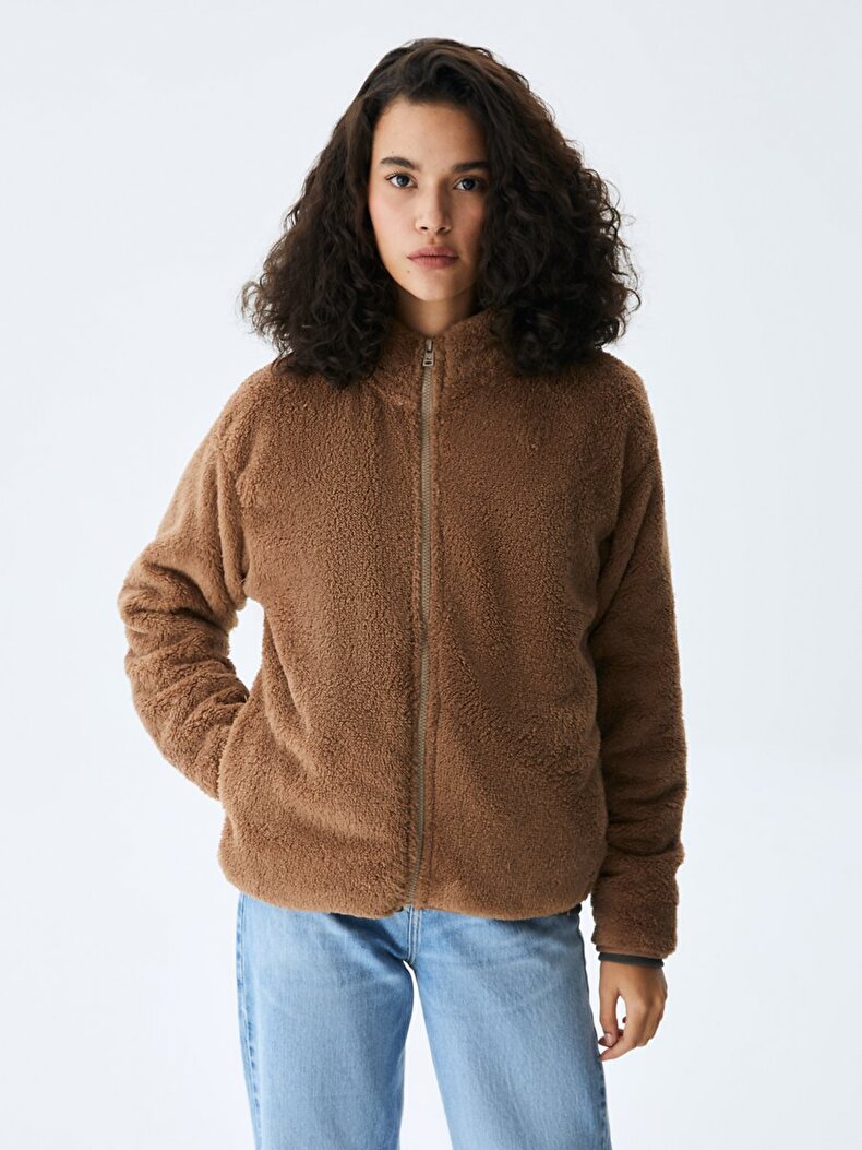 Plush Zipper Closing Brown Cardigan