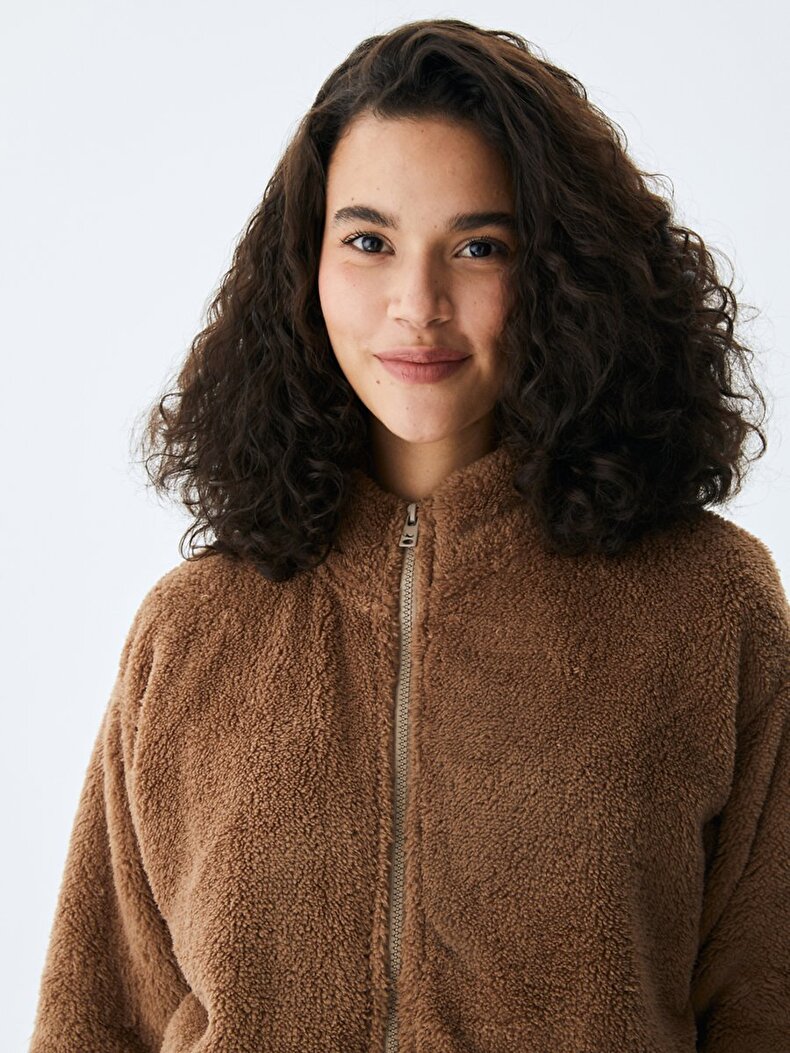 Peluş Fermuarlı Camel Hırka