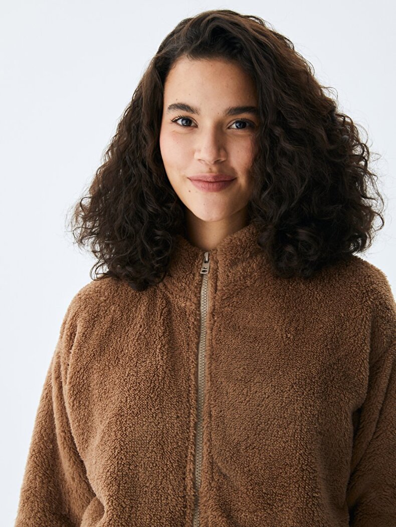 Plush Zipper Closing Brown Cardigan