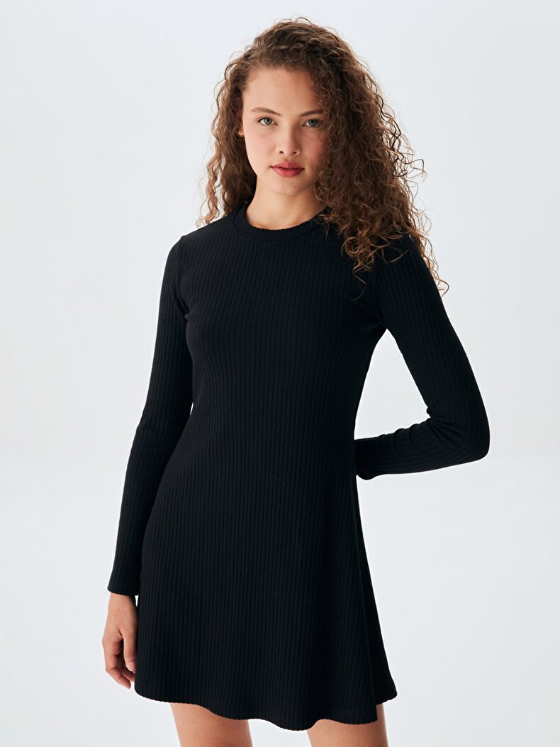 Ribbed Long Sleeve Short Black Dress