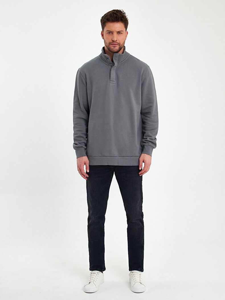 Collar Turtle Neck Buttoned Dunkelgrau Sweatshirt