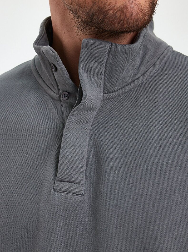 Collar Turtle Neck Buttoned Dunkelgrau Sweatshirt