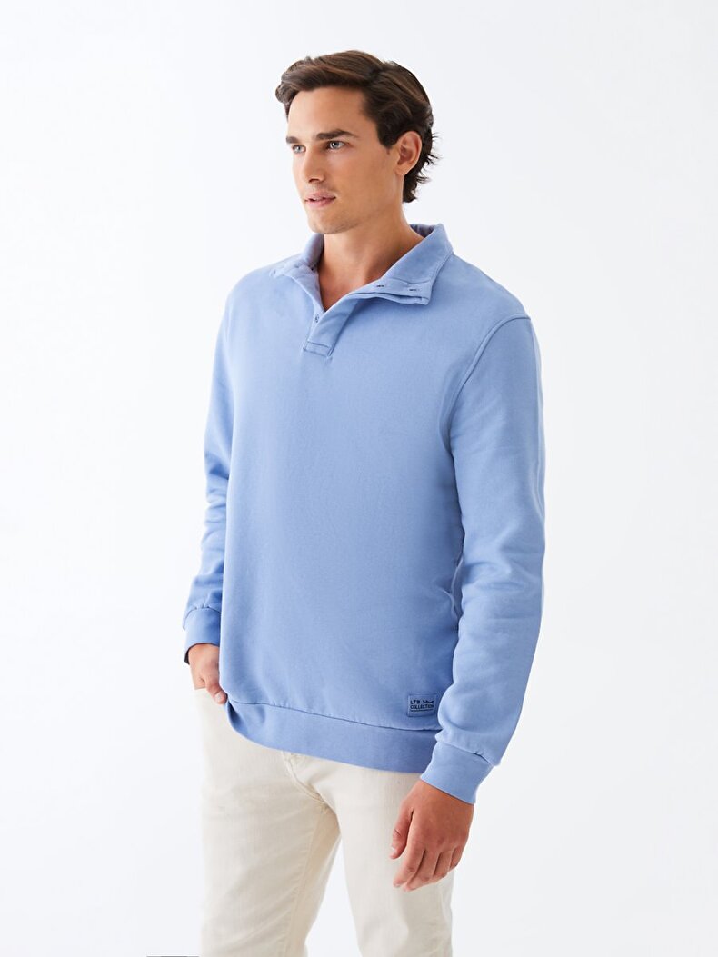 Collar Turtle Neck Buttoned Blauw Sweatshirt
