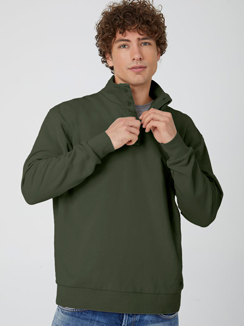 Collar Turtle Neck Buttoned Grün Sweatshirt