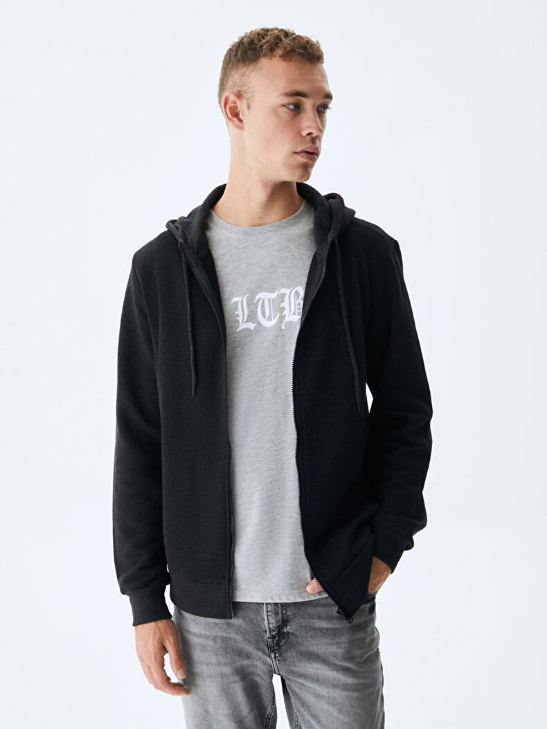 With Hood Zipper Closing Anthracite Cardigan