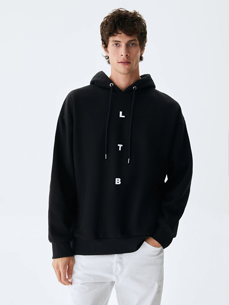 With Hood Print Black Sweatshirt