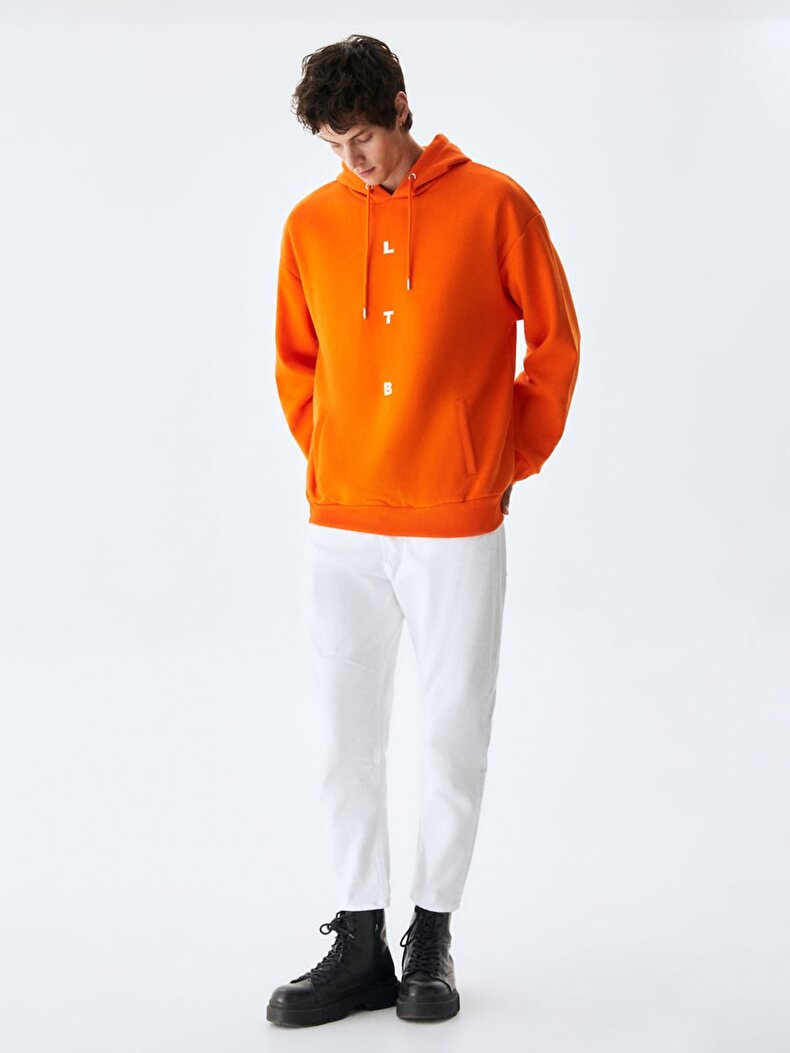 With Hood Print Orange Sweatshirt