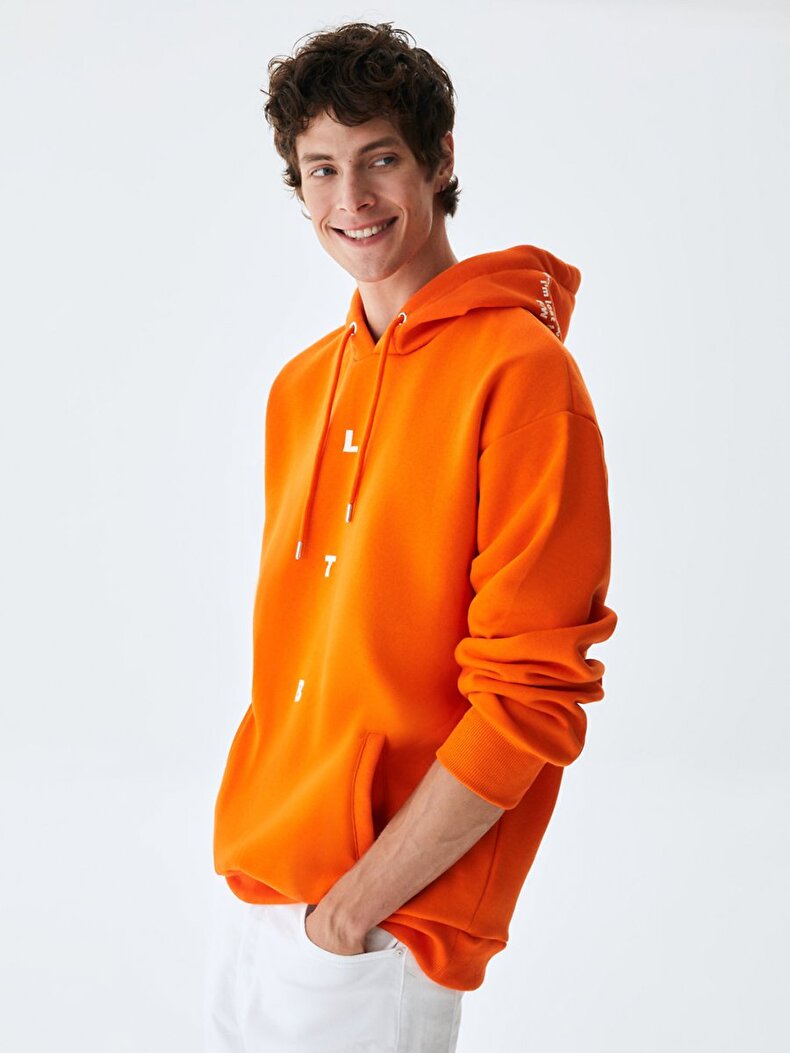 With Hood Print Orange Sweatshirt