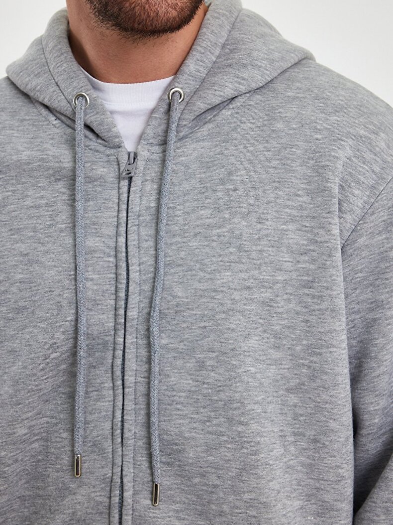 Fermuarlı Kapüşonlu Gri Sweatshırt