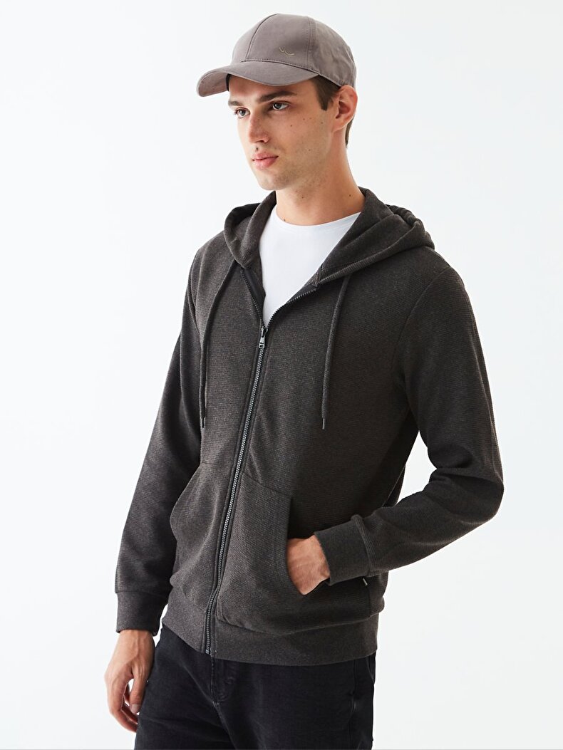 With Hood Zipper Closing Basic Anthracite Cardigan