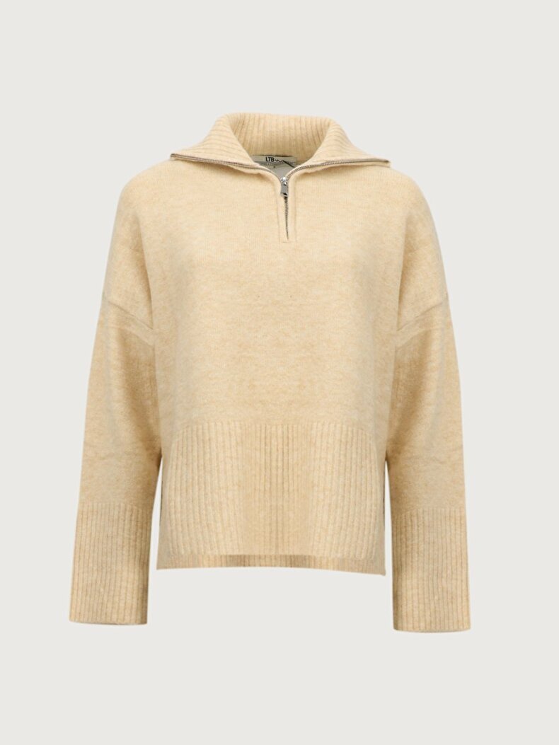 Zipper Collar Long Sleeve Knitwear Beige Pullover
