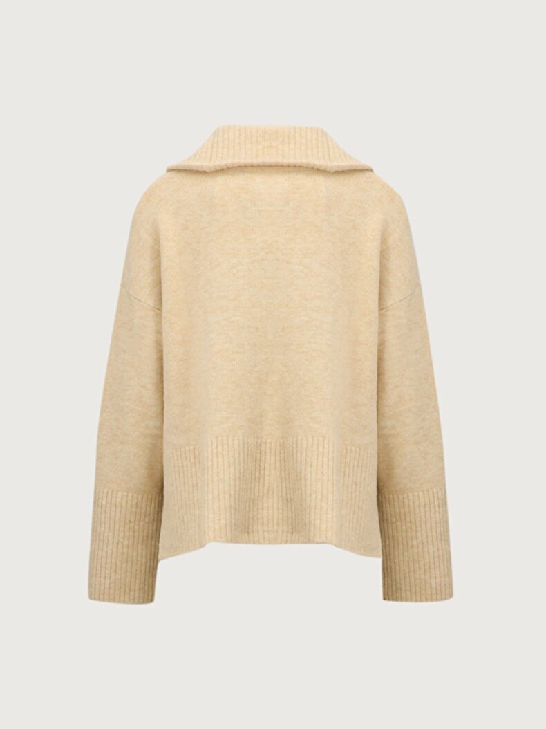 Zipper Collar Long Sleeve Knitwear Beige Pullover
