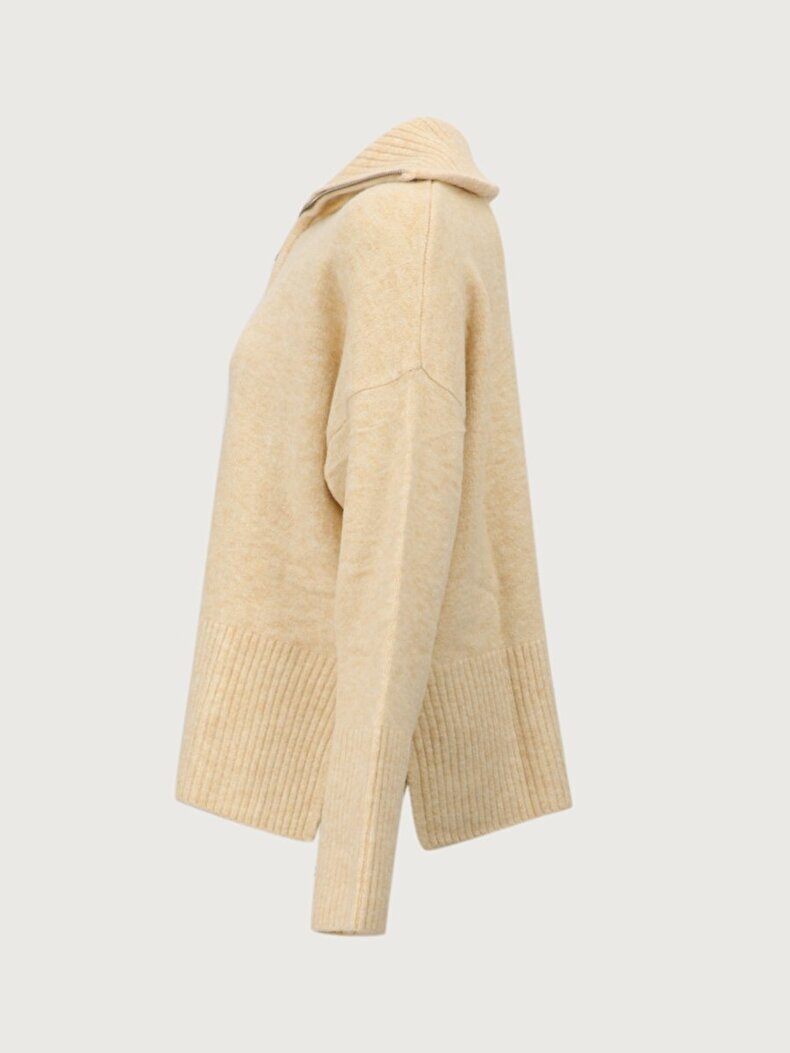 Zipper Collar Long Sleeve Knitwear Beige Pullover