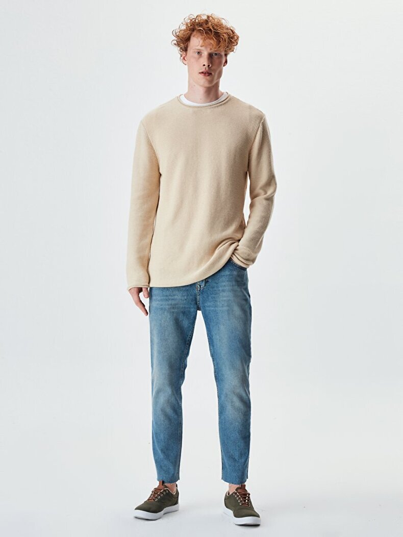 Textured Crew Neck Long Sleeve Knitwear Beige Pullover