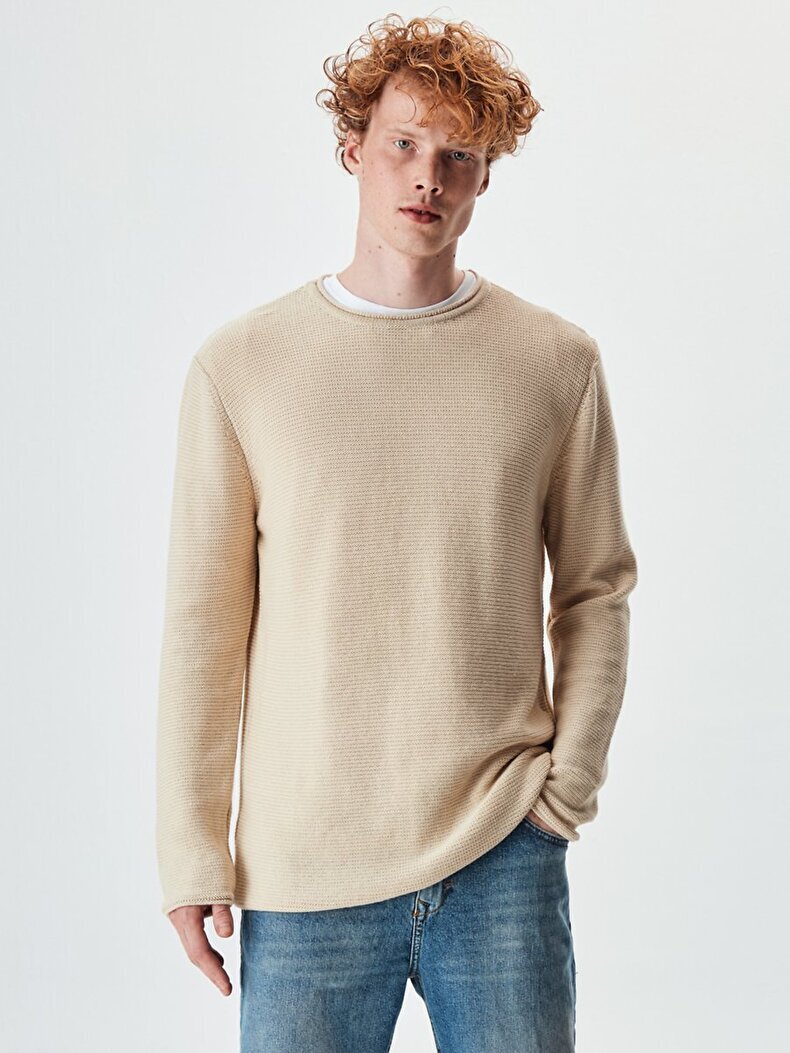 Textured Crew Neck Long Sleeve Knitwear Beige Pullover