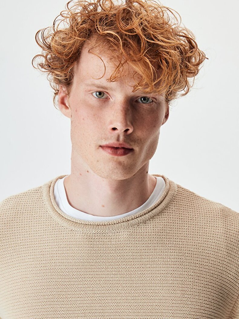 Textured Crew Neck Long Sleeve Knitwear Beige Pullover