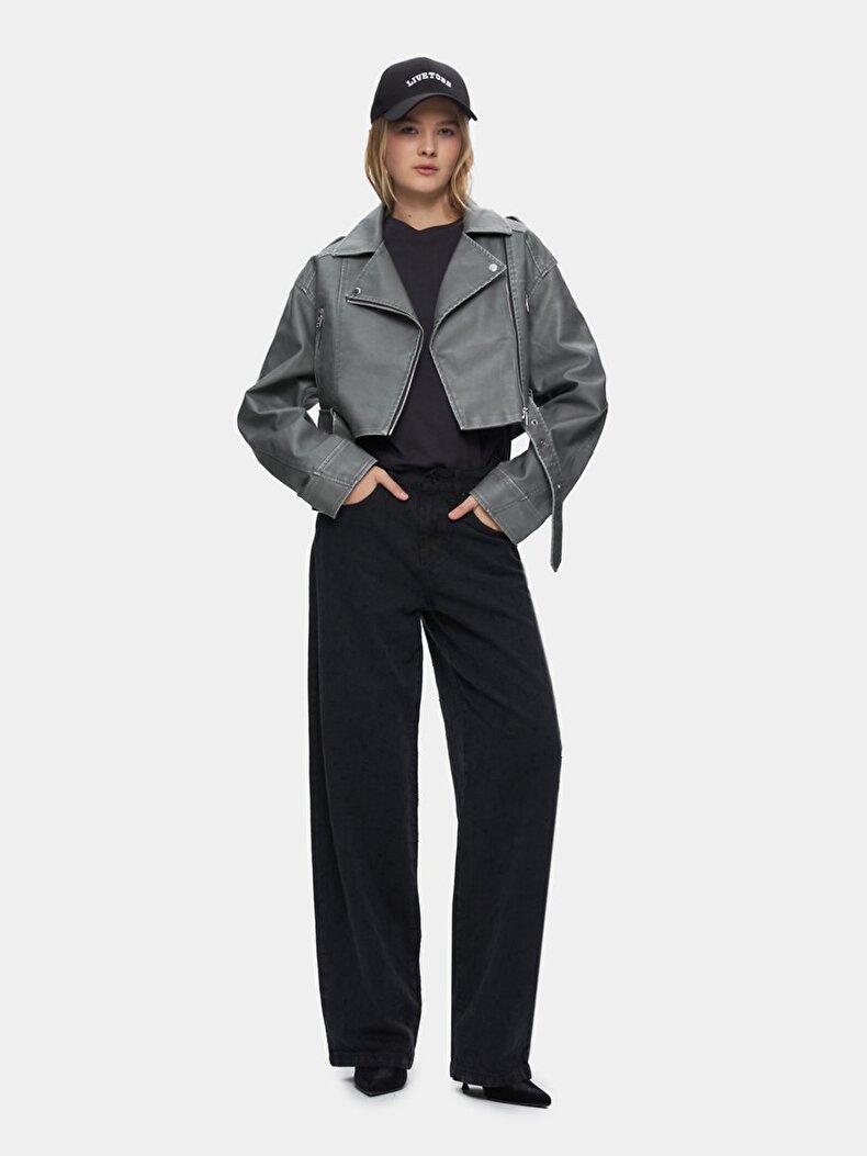 Bleached Cuban Collar Zipper Closing Grey Jacket