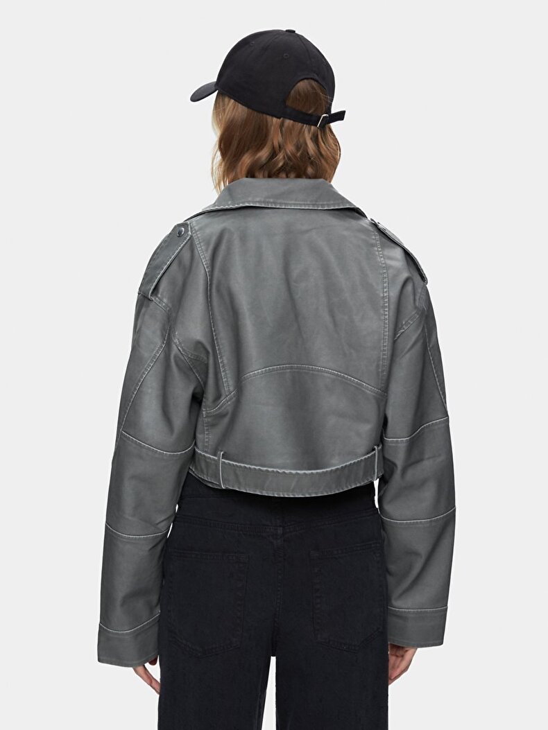 Bleached Cuban Collar Zipper Closing Grey Jacket