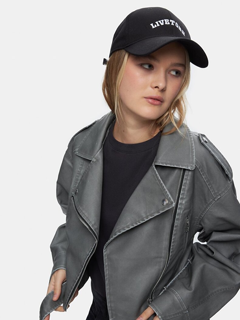 Bleached Cuban Collar Zipper Closing Grey Jacket