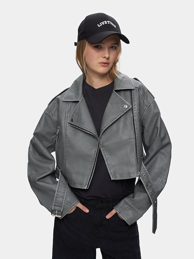 Bleached Cuban Collar Zipper Closing Grey Jacket