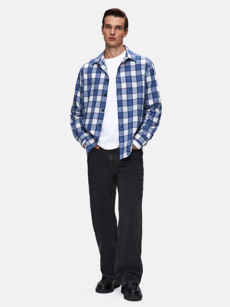 Karelı Relaxed Fit Mavi Gömlek