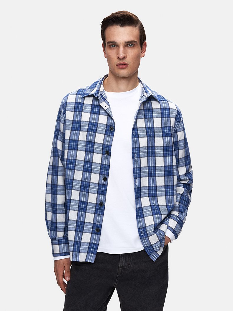 Karelı Relaxed Fit Mavi Gömlek